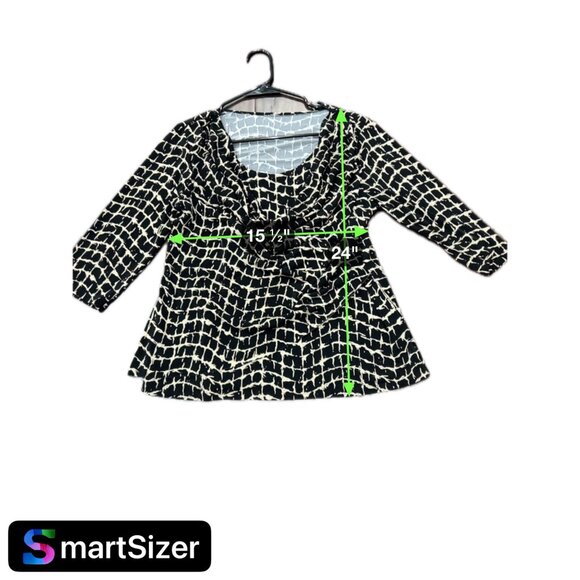 Black Beige Draped Neck Stretchy 3/4 Sleeve Patterned Top Sz MP - Picture 10 of 10